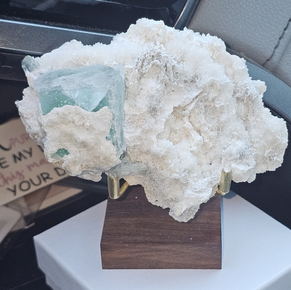 Big green fluorite cube in creedite and calcite matrix - Picture 5 of 16